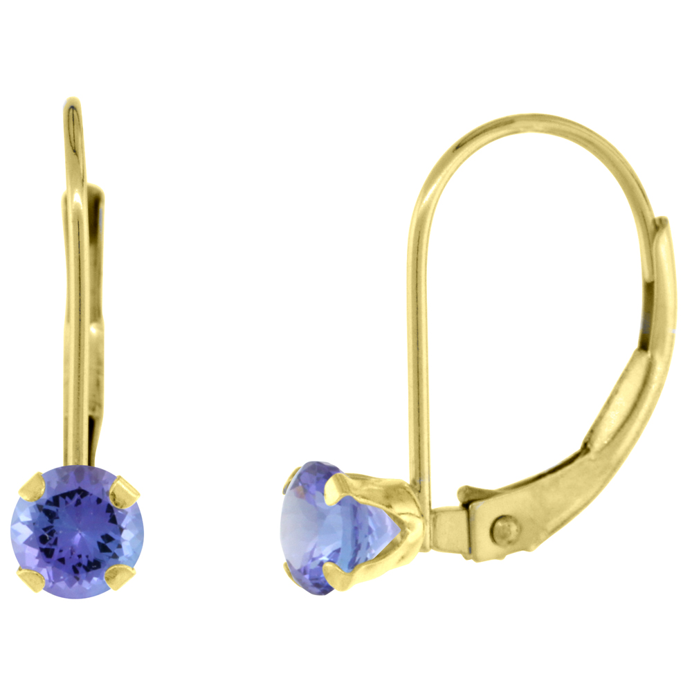 10K YELLOW GOLD NATURAL TANZANITE LEVERBACK EARRINGS 4MM ROUND 0.50 CT, 9/16 INCH