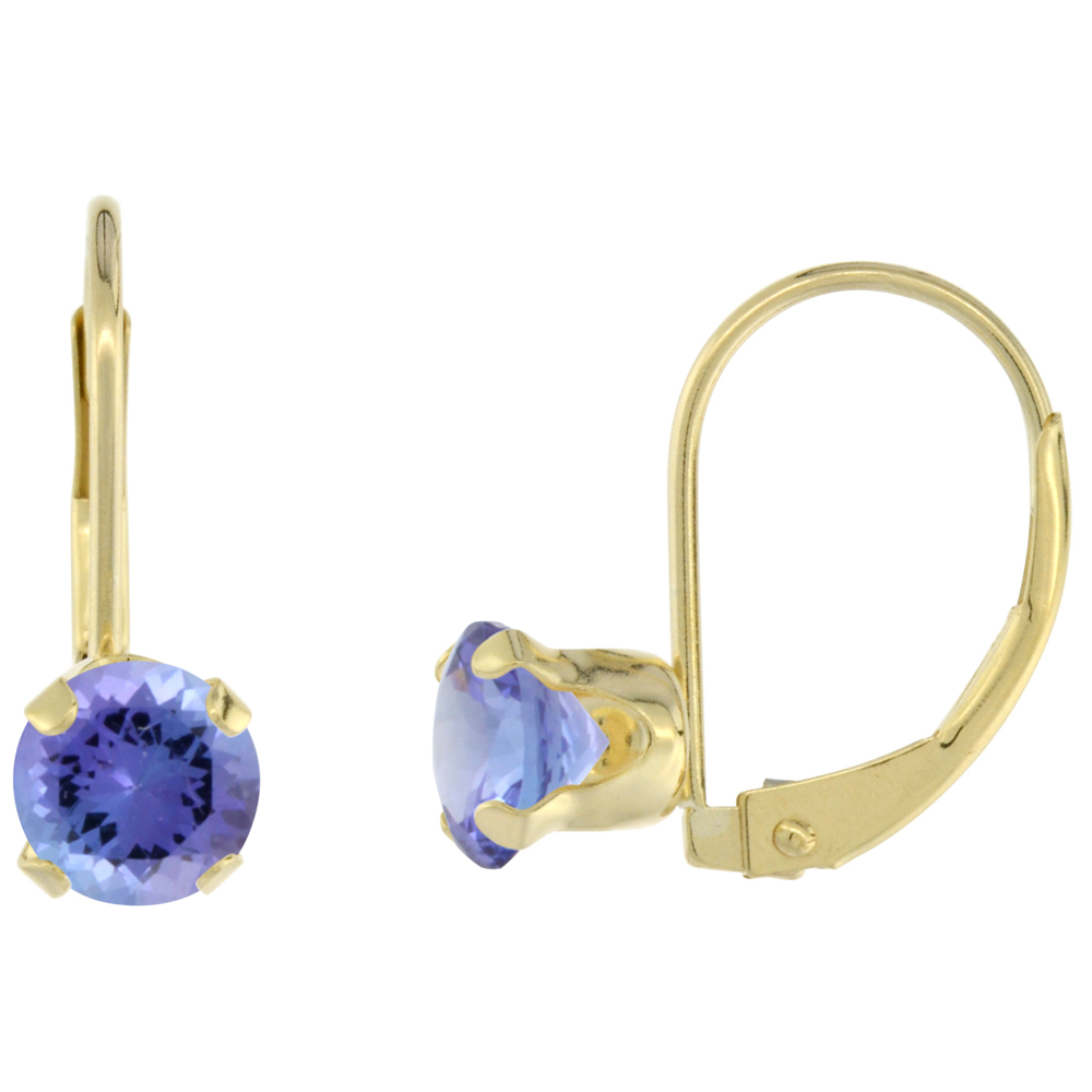 10K YELLOW GOLD NATURAL TANZANITE LEVERBACK EARRINGS 6MM ROUND 1.5 CT, 9/16 INCH