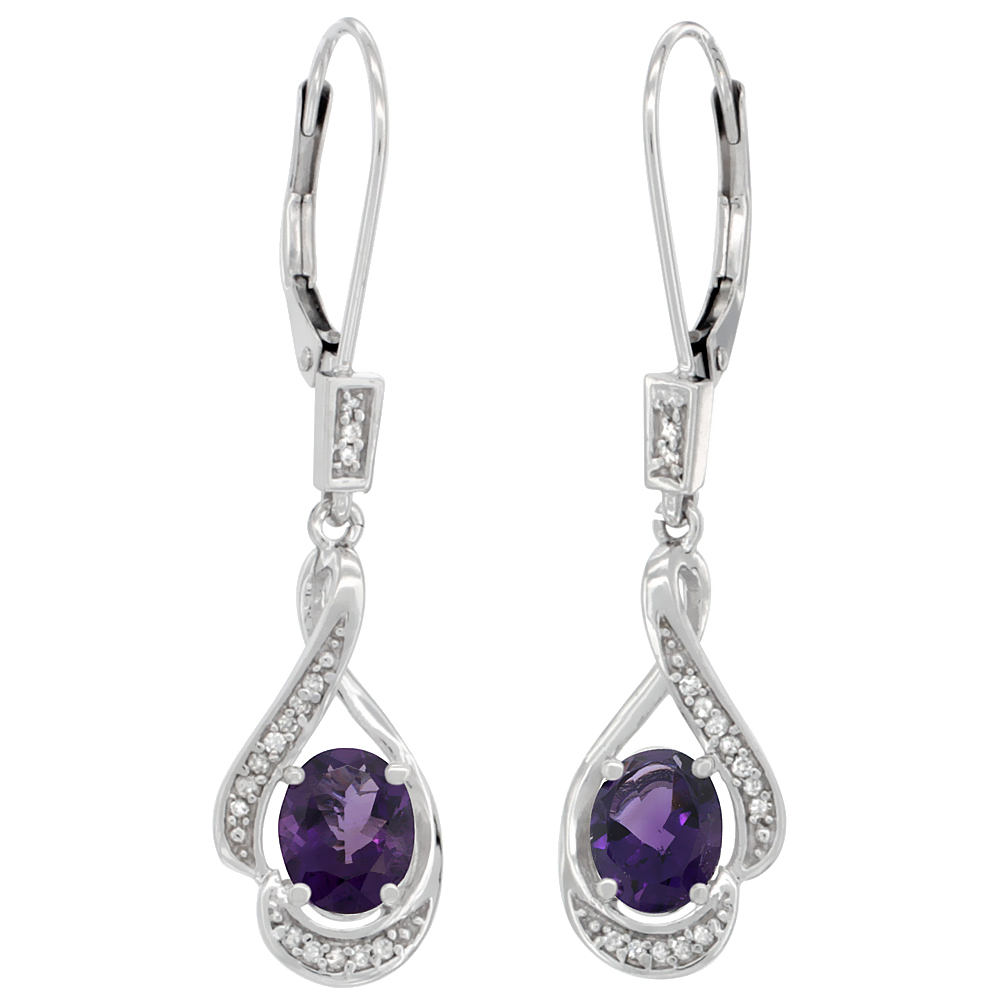 14K WHITE GOLD DIAMOND NATURAL AMETHYST LEVERBACK EARRINGS OVAL 7X5 MM, 1 7/16 INCH LONG