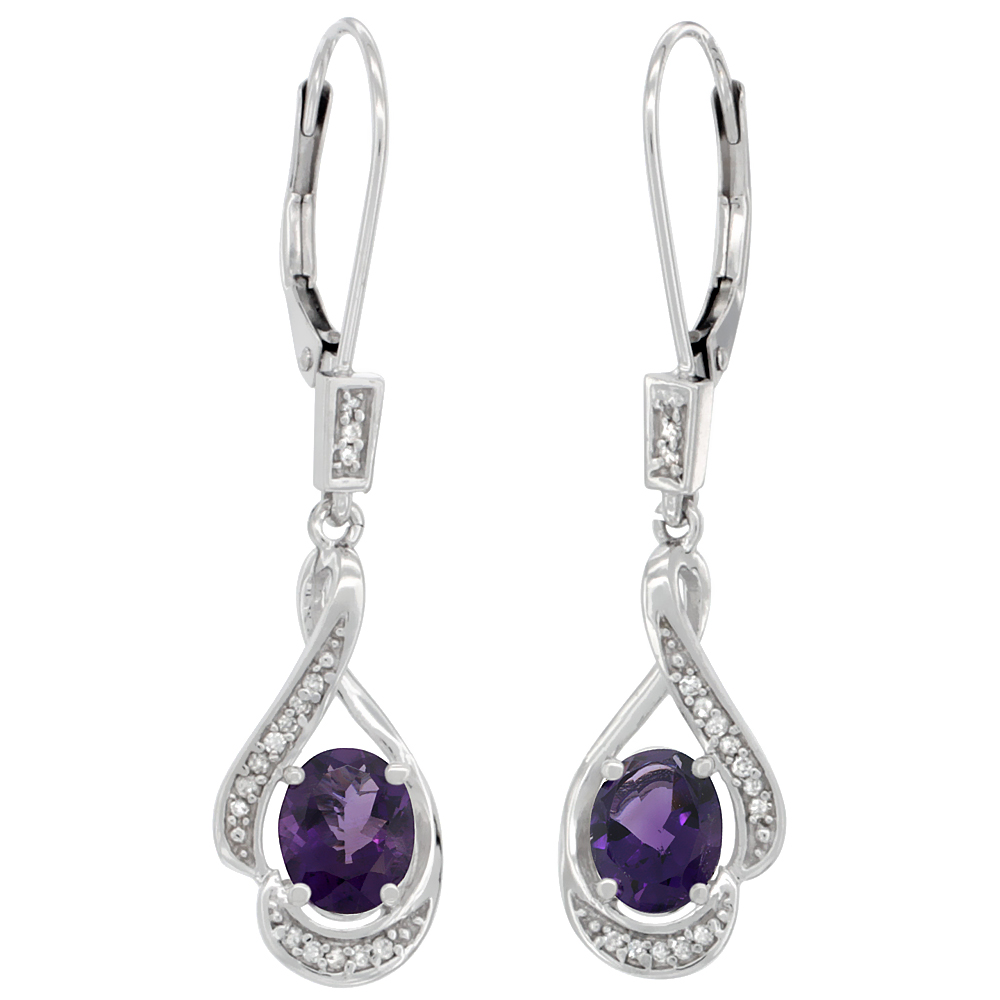 14K White Gold Diamond Natural Amethyst Leverback Earrings Oval 7x5 mm, 1 7/16 inch long