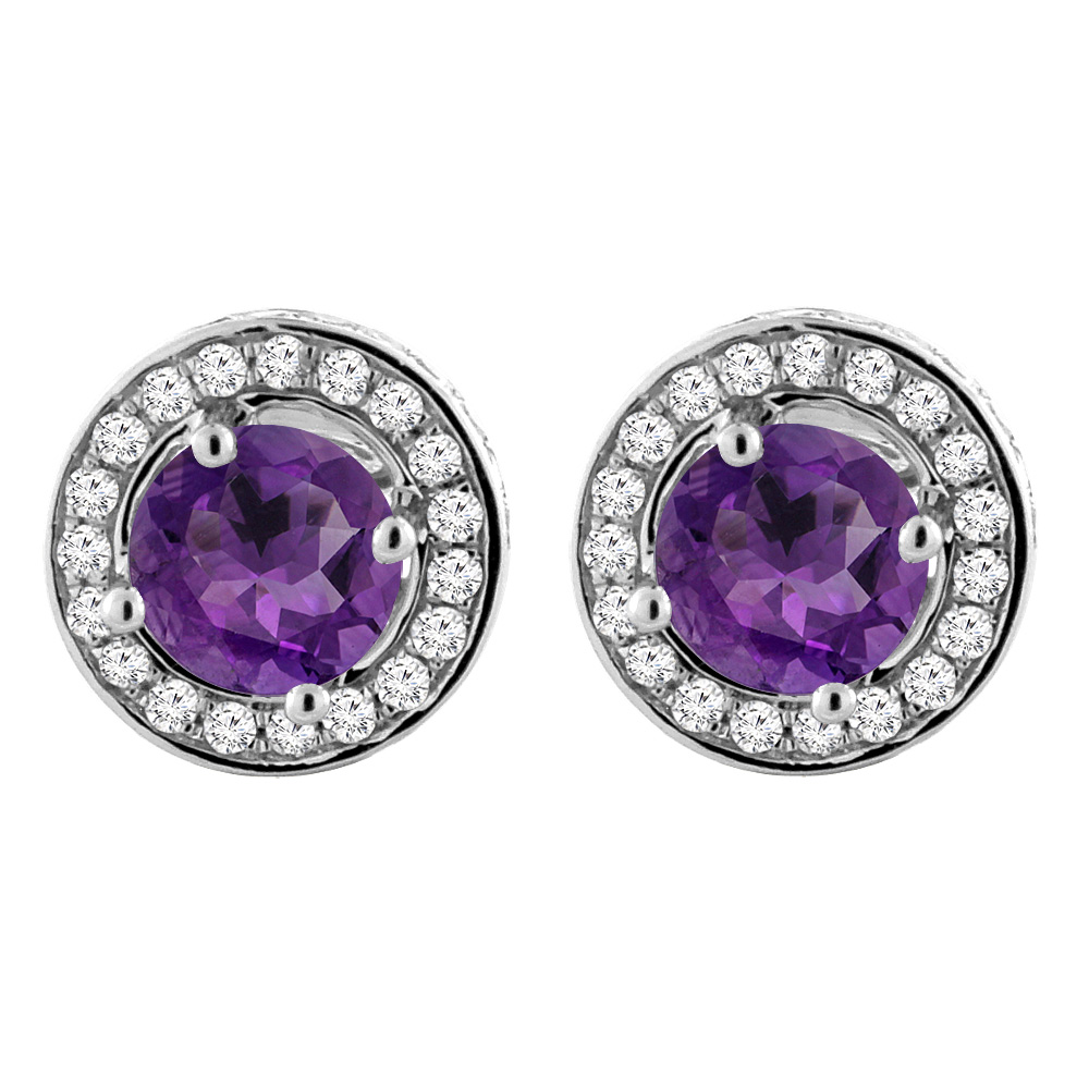 14K WHITE GOLD NATURAL AMETHYST EARRINGS WITH DIAMOND HALO ROUND 5 MM