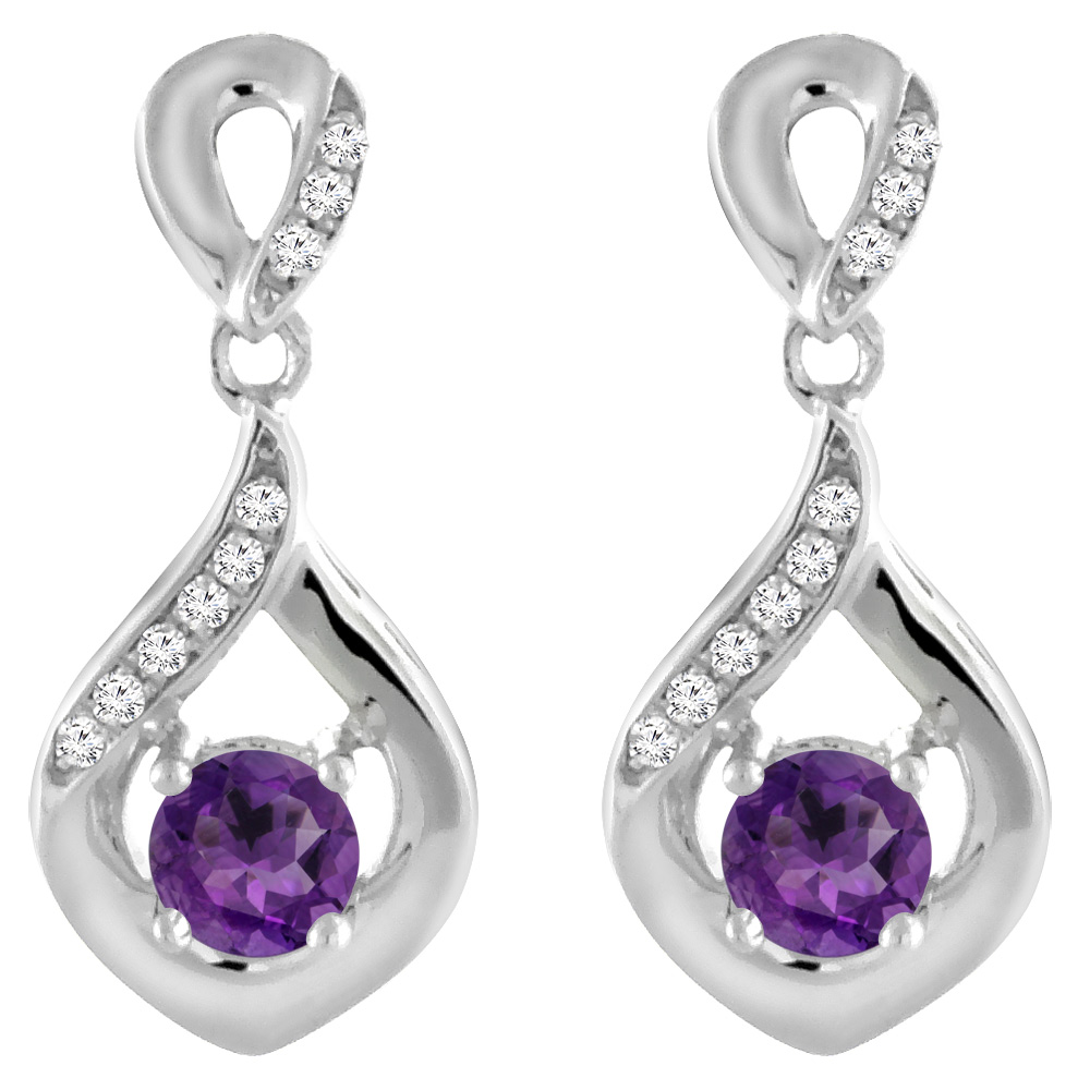 14K WHITE GOLD NATURAL AMETHYST EARRINGS WITH DIAMOND ACCENTS ROUND 4 MM