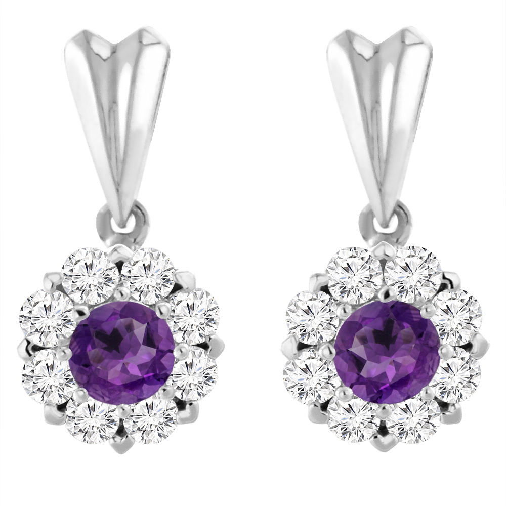14K WHITE GOLD NATURAL AMETHYST EARRINGS WITH DIAMOND HALO ROUND 4 MM