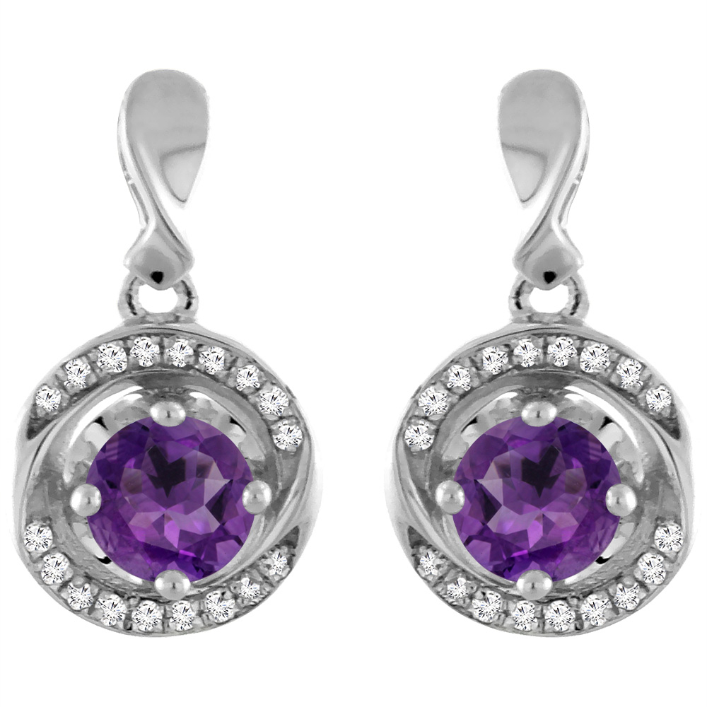 14K White Gold Natural Amethyst Earrings with Diamond Accents Round 4 mm