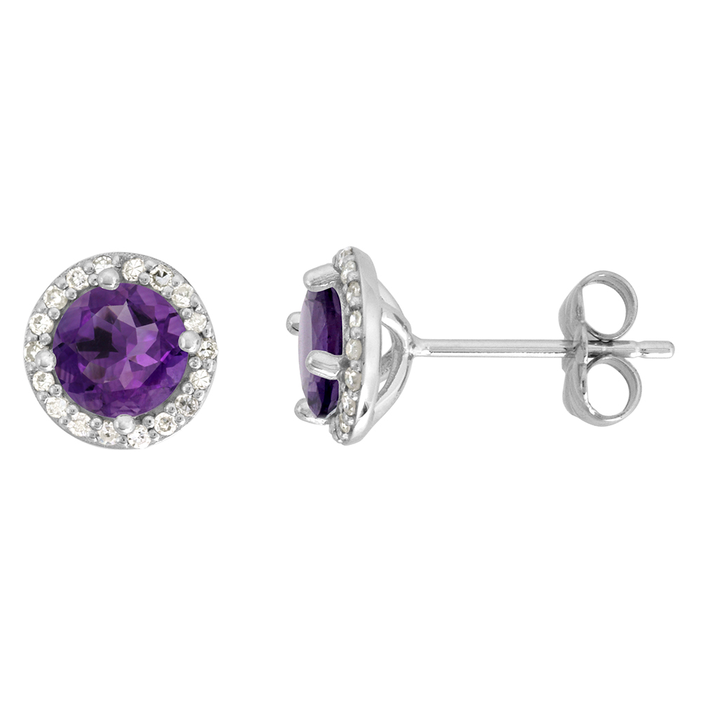 14k White Gold Diamond Halo Genuine Amethyst Stud Earrings Round 6mm