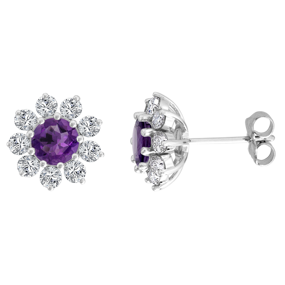 14K WHITE GOLD DIAMOND HALO GENUINE AMETHYST HALO STUD EARRINGS ROUND 6MM 7/16 INCH WIDE