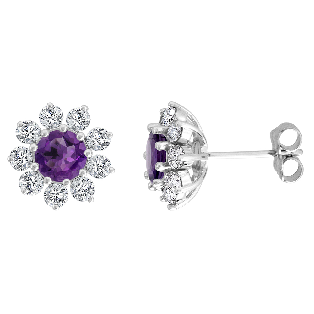 14k White Gold Diamond Halo Genuine Amethyst Halo Stud Earrings Round 6mm 7/16 inch wide