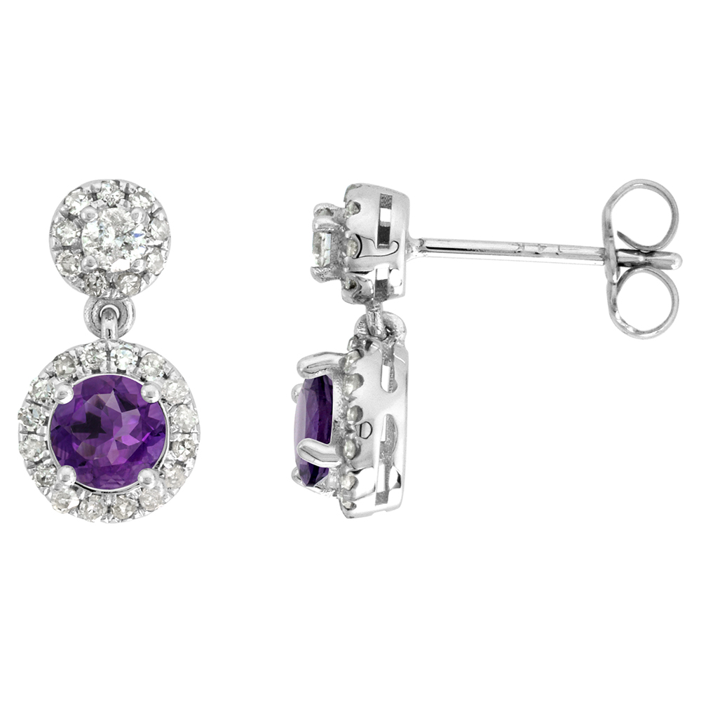 14k White Gold Diamond Halo Genuine Amethyst Drop Earrings Round Brilliant cut 5mm 1/2 inch long