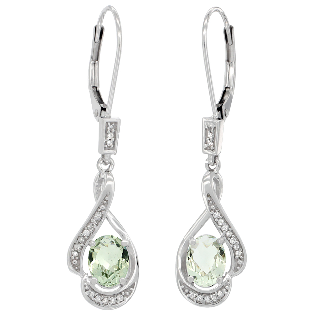 14K WHITE GOLD DIAMOND NATURAL GREEN AMETHYST LEVERBACK EARRINGS OVAL 7X5 MM, 1 7/16 INCH LONG