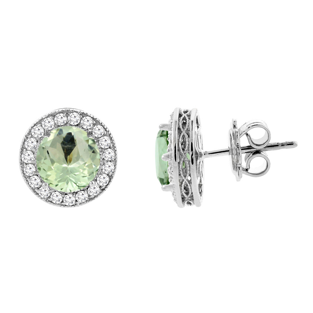 14K White Gold Natural Green Amethyst Halo Earrings with Diamond Accent, 3/16 inch wide