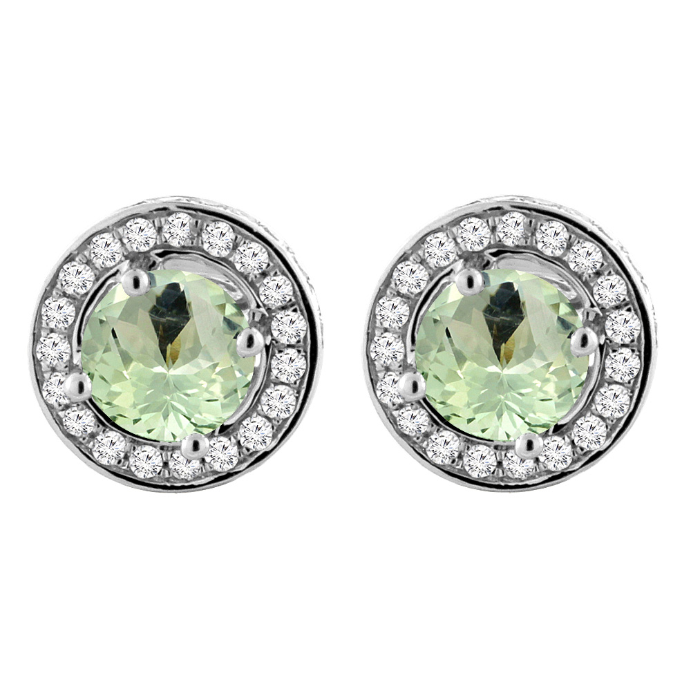 14K WHITE GOLD NATURAL GREEN AMETHYST EARRINGS WITH DIAMOND HALO ROUND 5 MM
