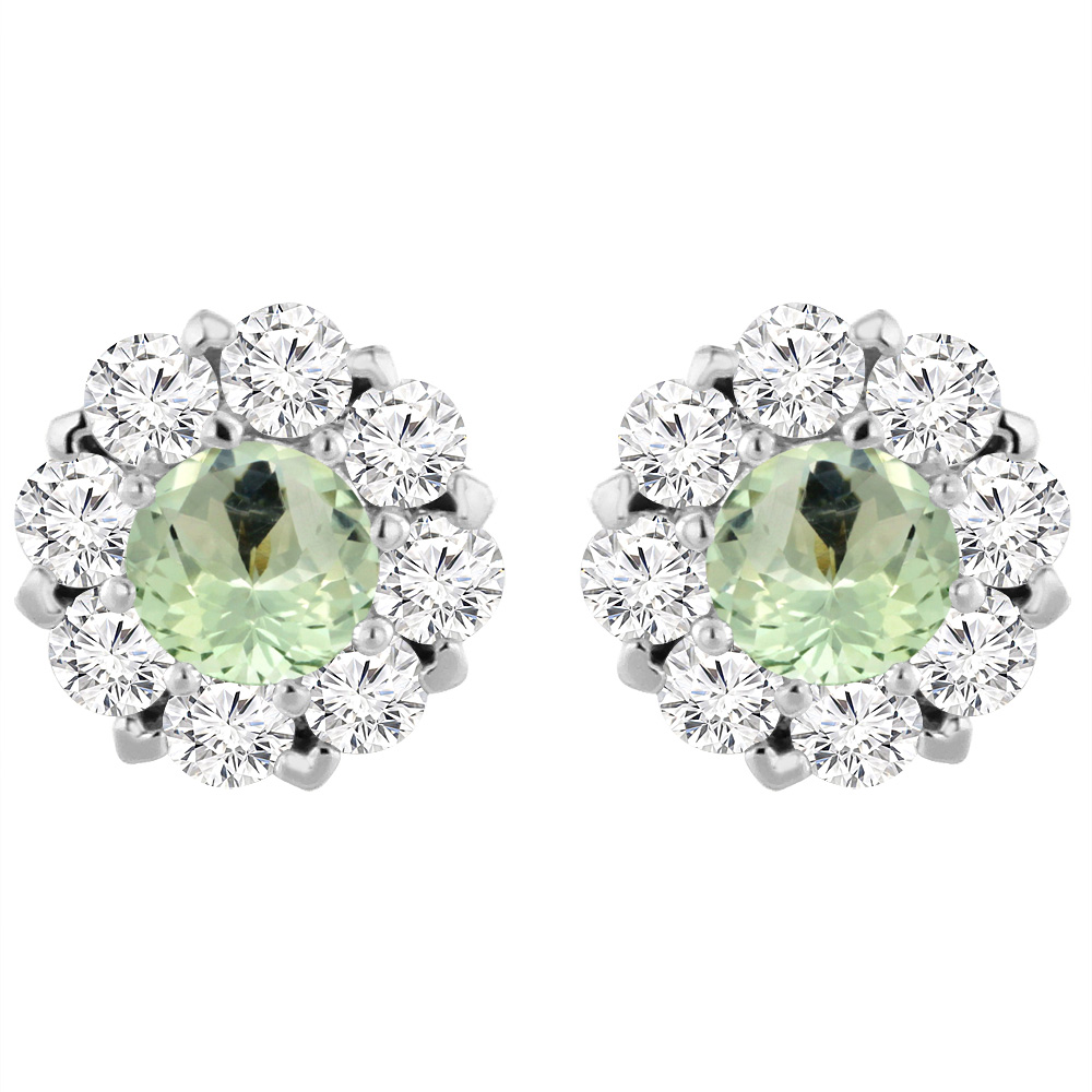 14K White Gold Natural Green Amethyst Earrings with Diamond Halo Round 6 mm