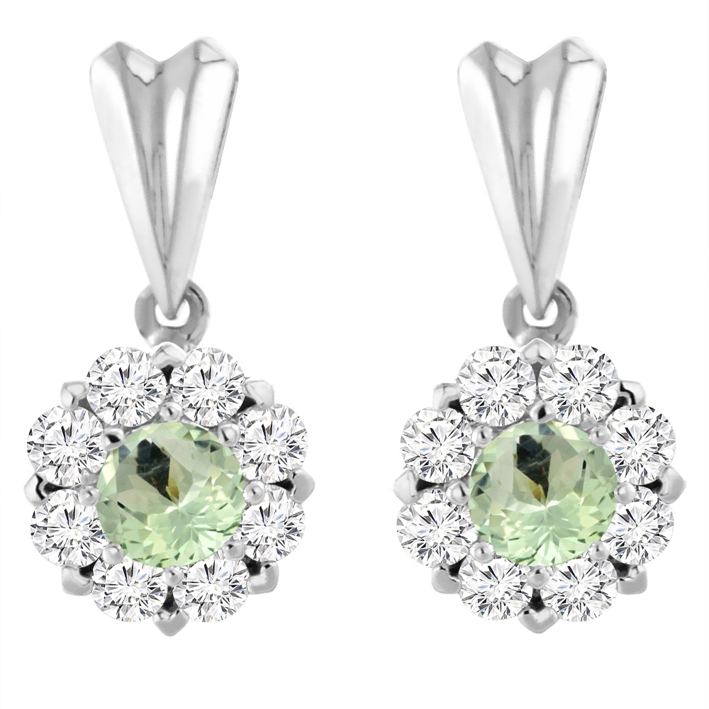 14K WHITE GOLD NATURAL GREEN AMETHYST EARRINGS WITH DIAMOND HALO ROUND 4 MM