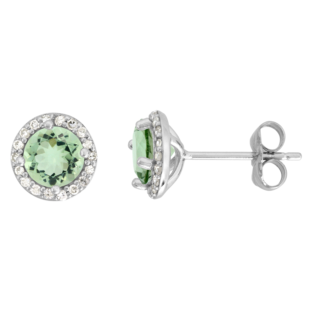 14k White Gold Diamond Halo Genuine Green Amethyst Stud Earrings Round 6mm