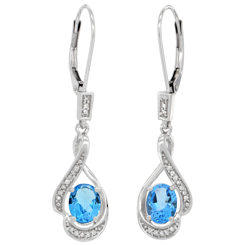 14K White Gold Diamond Natural Swiss Blue Topaz Leverback Earrings Oval 7x5mm, 1 7/16 inch long
