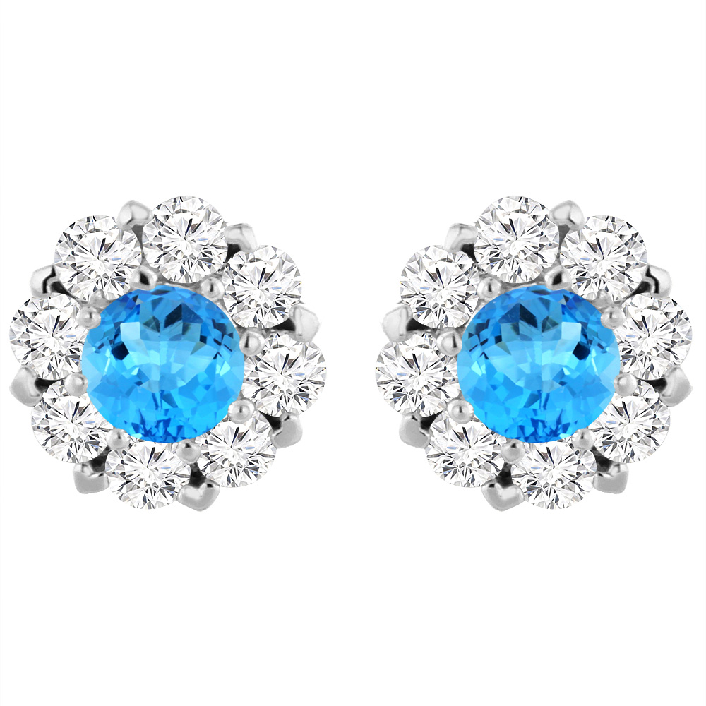 14K White Gold Natural Swiss Blue Topaz Earrings with Diamond Halo Round 6 mm