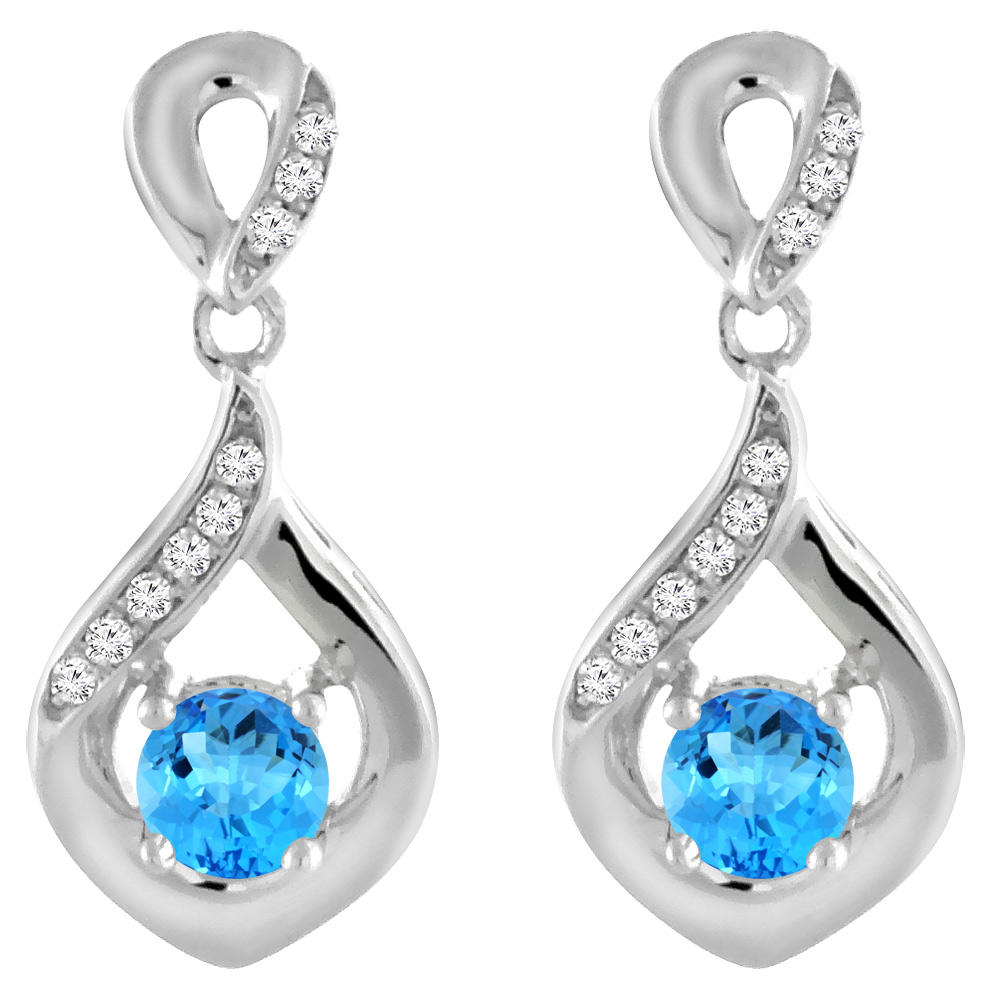 14K WHITE GOLD NATURAL SWISS BLUE TOPAZ EARRINGS WITH DIAMOND ACCENTS ROUND 4 MM