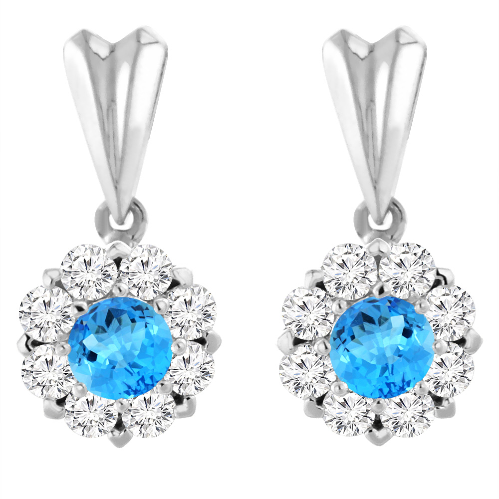 14K White Gold Natural Swiss Blue Topaz Earrings with Diamond Halo Round 4 mm