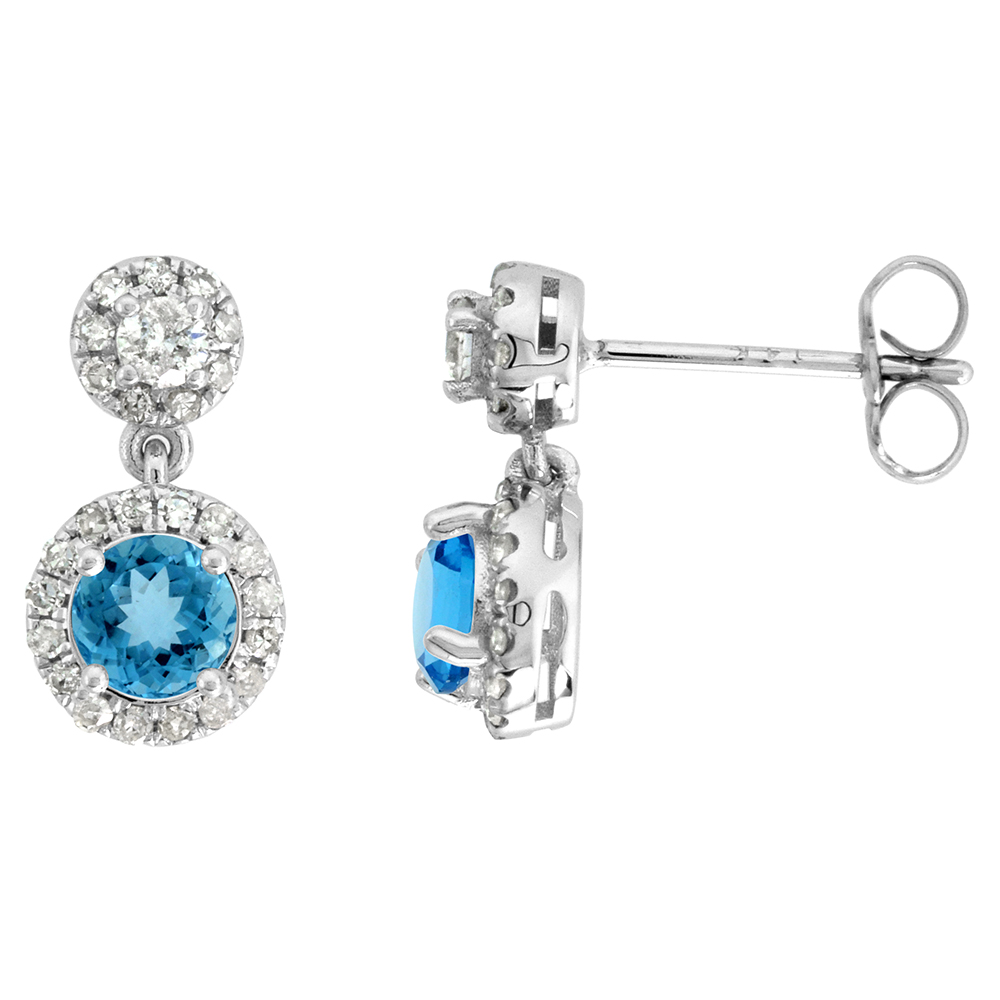14K WHITE GOLD DIAMOND HALO GENUINE SWISS BLUE TOPAZ DROP EARRINGS ROUND BRILLIANT CUT 5MM 1/2 INCH LONG
