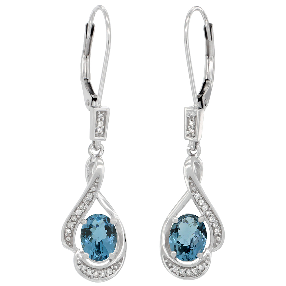 14K WHITE GOLD DIAMOND NATURAL LONDON BLUE TOPAZ LEVERBACK EARRINGS OVAL 7X5MM,1 7/16 INCH LONG