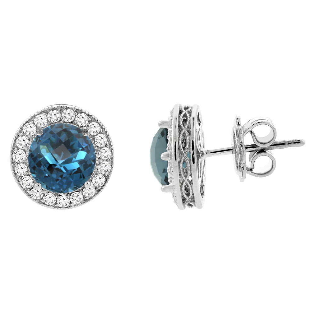 14K WHITE GOLD DIAMOND HALO GENUINE LONDON BLUE TOPAZ EARRINGS 0.6 CTTW 6MM ROUND, 1/2 INCH