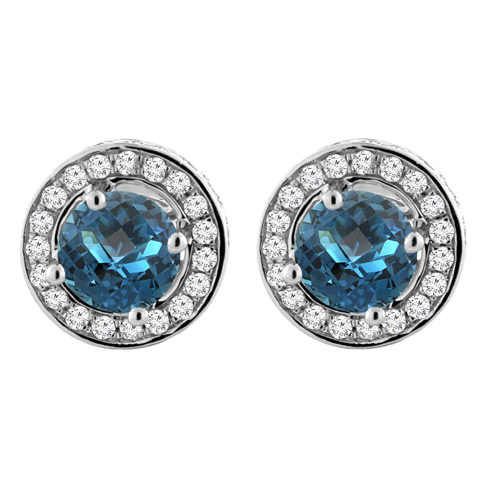 14K WHITE GOLD NATURAL LONDON BLUE TOPAZ EARRINGS WITH DIAMOND HALO ROUND 5 MM