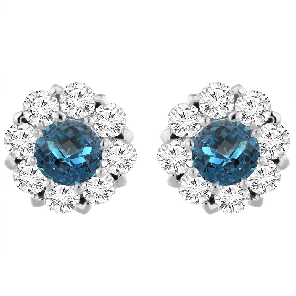 14K White Gold Natural London Blue Topaz Earrings with Diamond Halo Round 6 mm