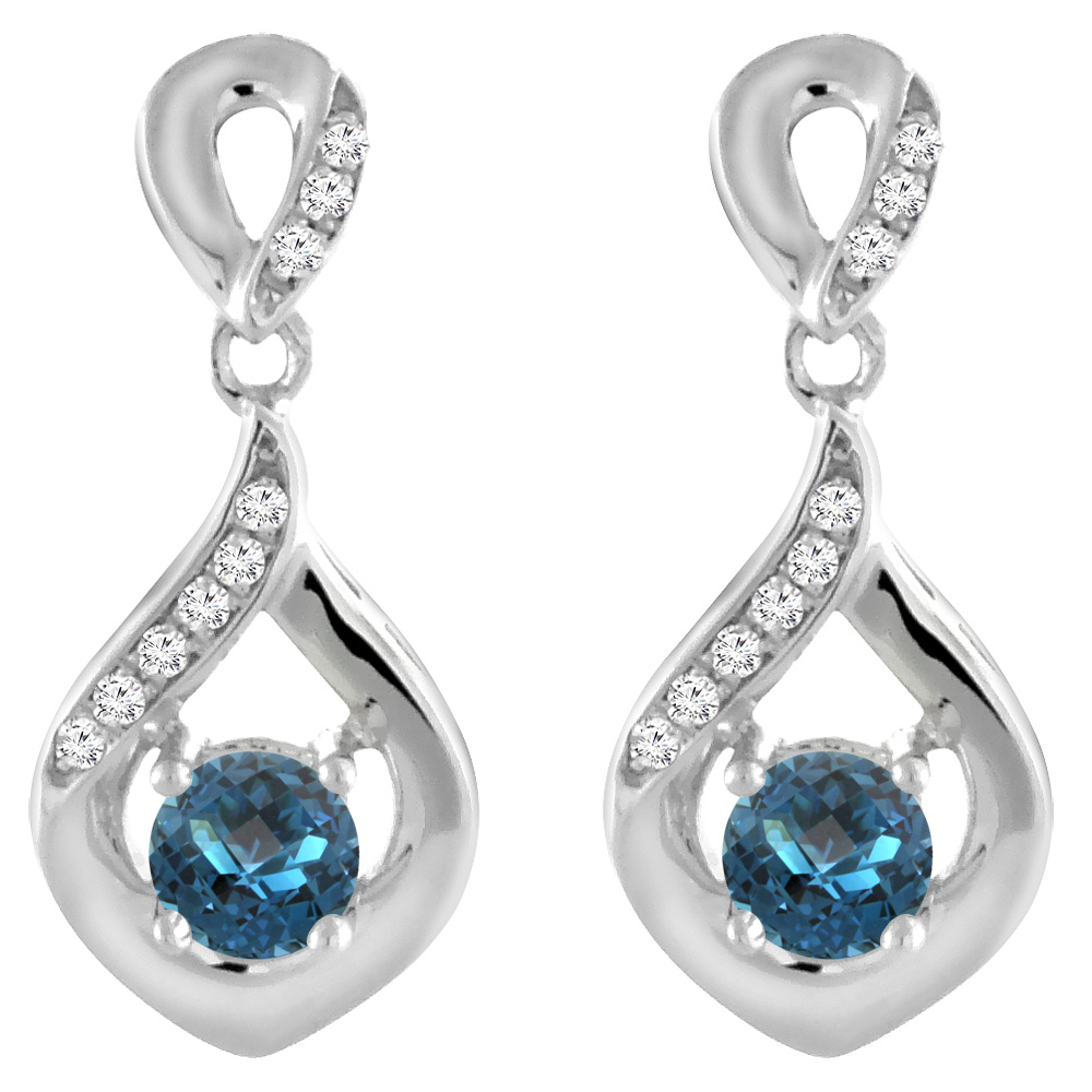 14K WHITE GOLD NATURAL LONDON BLUE TOPAZ EARRINGS WITH DIAMOND ACCENTS ROUND 4 MM