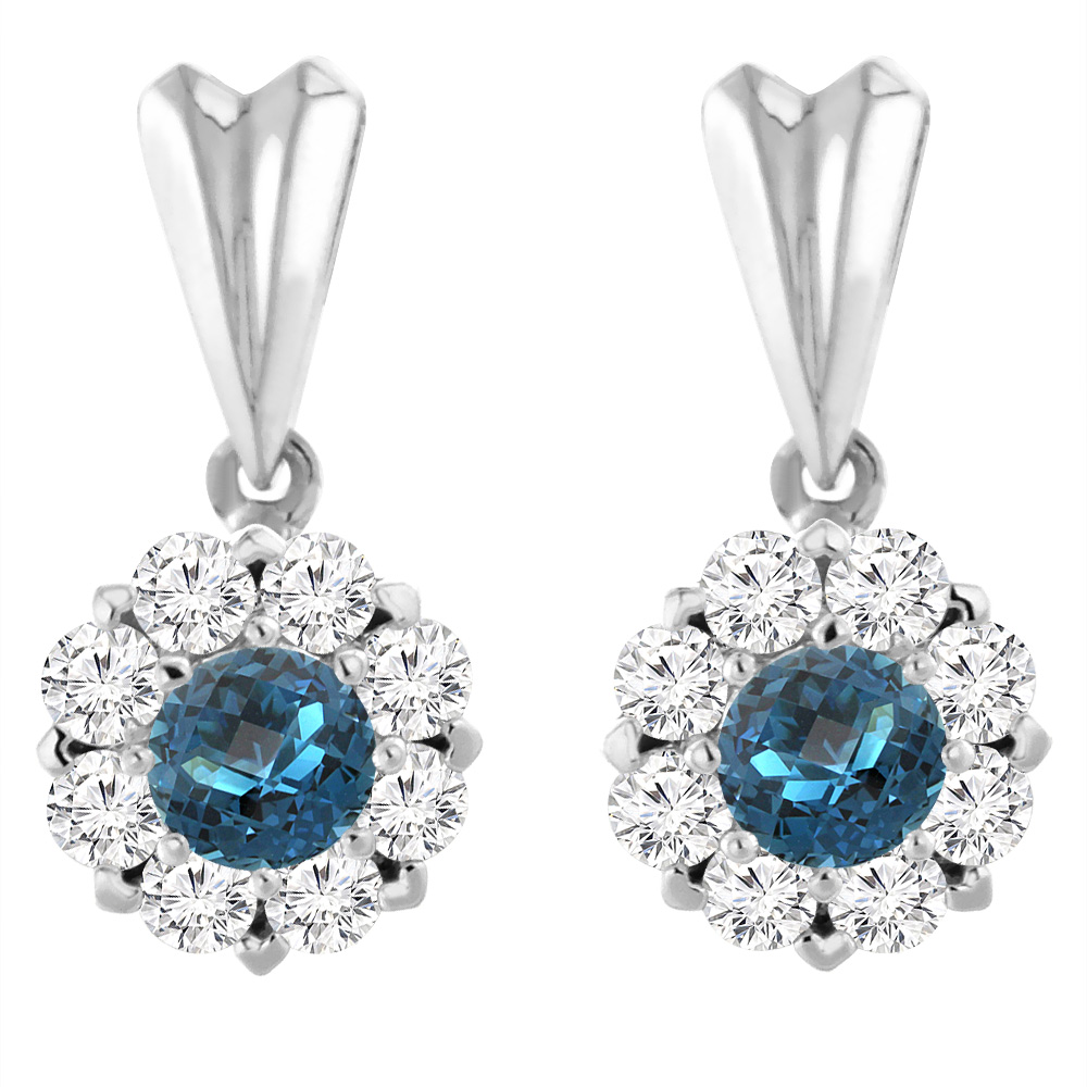 14K WHITE GOLD NATURAL LONDON BLUE TOPAZ EARRINGS WITH DIAMOND HALO ROUND 4 MM