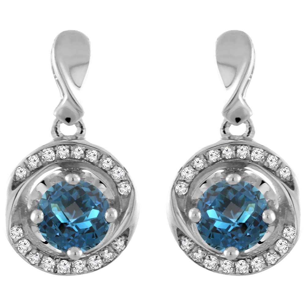 14K WHITE GOLD NATURAL LONDON BLUE TOPAZ EARRINGS WITH DIAMOND ACCENTS ROUND 4 MM