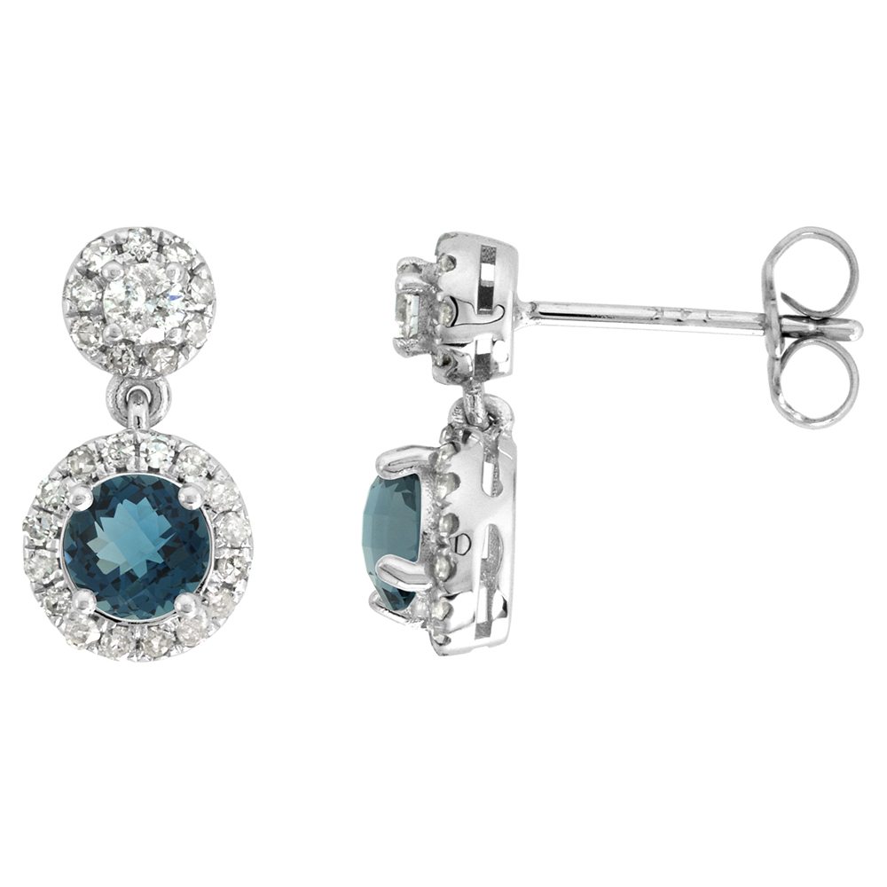 14K WHITE GOLD DIAMOND HALO GENUINE LONDON BLUE TOPAZ DROP EARRINGS ROUND BRILLIANT CUT 5MM 1/2 INCH LONG