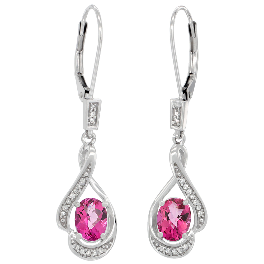 14K WHITE GOLD DIAMOND NATURAL PINK TOPAZ LEVERBACK EARRINGS OVAL 7X5 MM, 1 7/16 INCH LONG