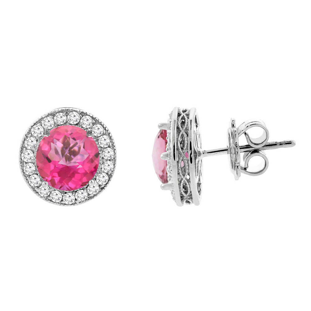 14K WHITE GOLD NATURAL PINK TOPAZ HALO EARRINGS WITH DIAMOND ACCENT, 3/16 INCH WIDE
