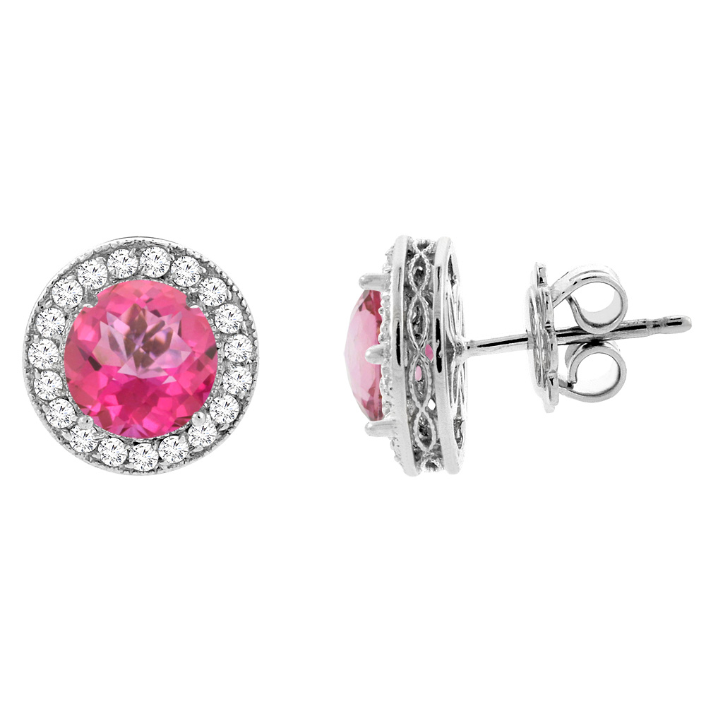 14k White Gold Diamond Halo Genuine Pink Topaz Earrings 0.6 cttw 6mm Round, 1/2 inch