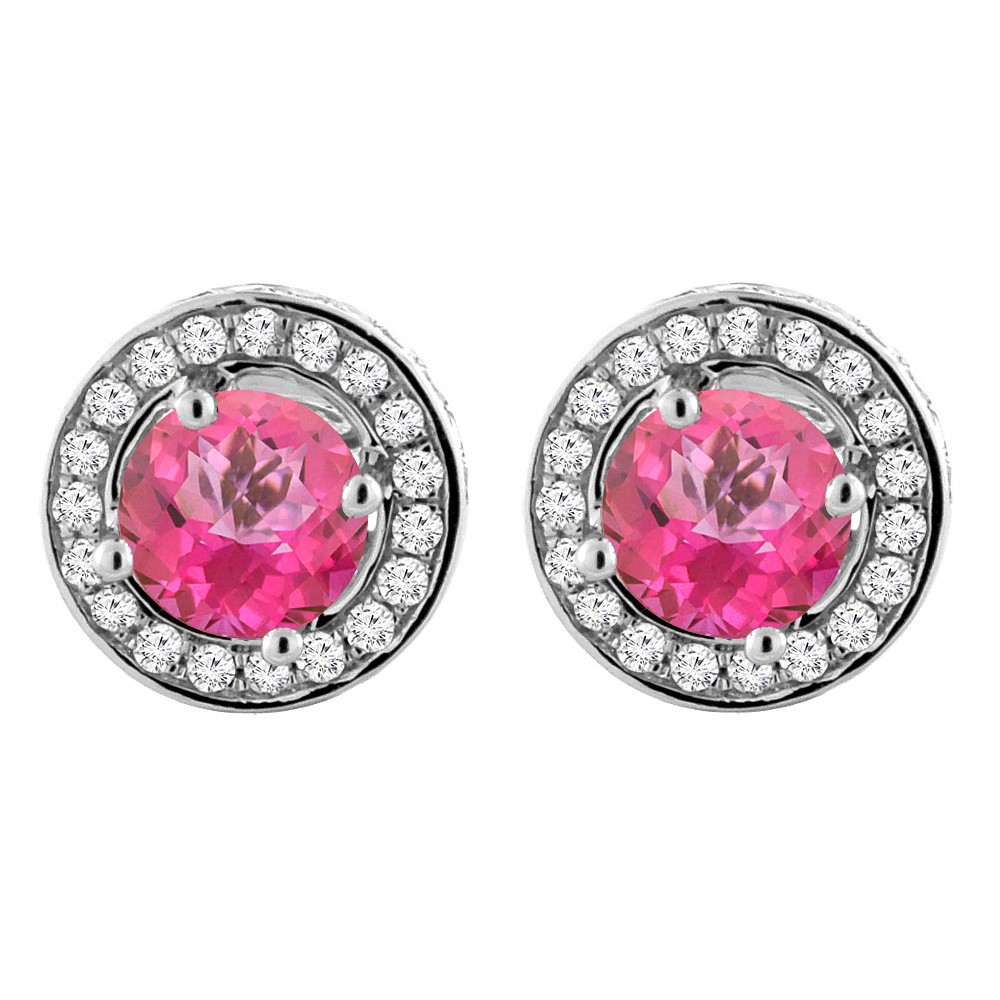 14K WHITE GOLD NATURAL PINK TOPAZ EARRINGS WITH DIAMOND HALO ROUND 5 MM