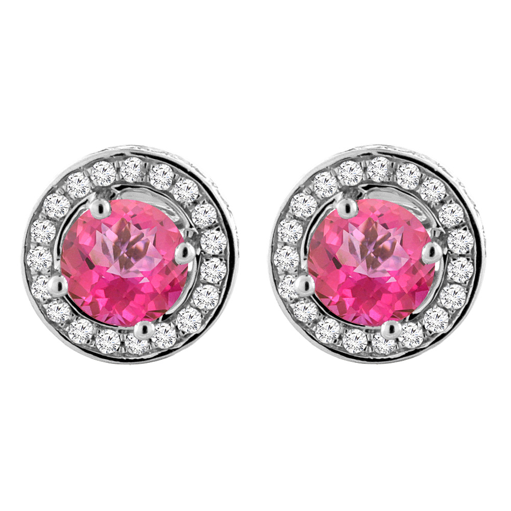 14K White Gold Natural Pink Topaz Earrings with Diamond Halo Round 5 mm
