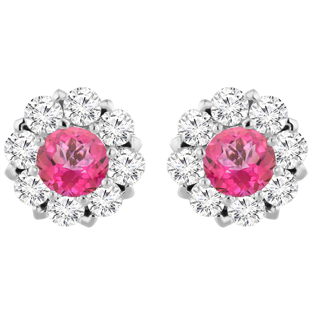 14K White Gold Natural Pink Topaz Earrings with Diamond Halo Round 6 mm