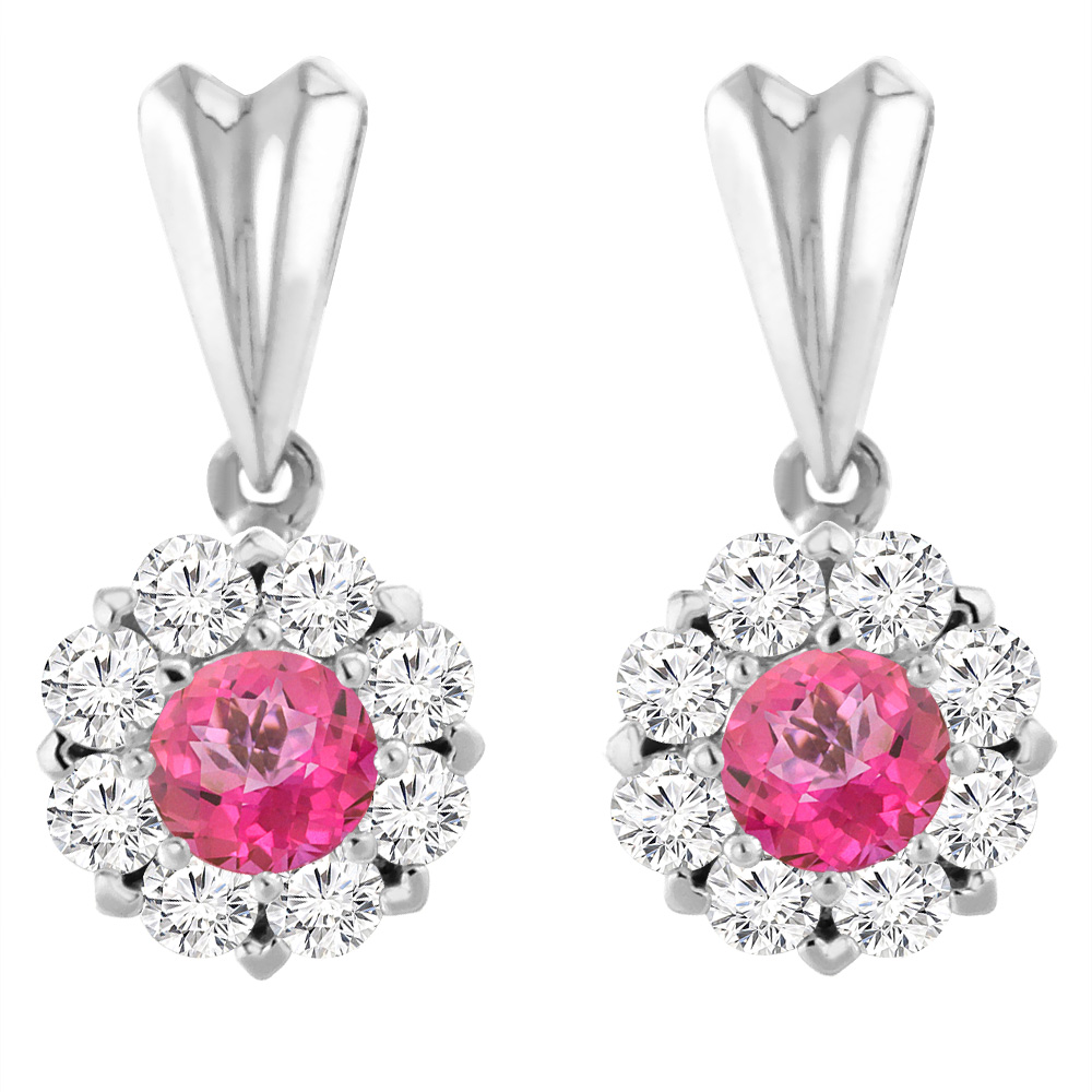 14K WHITE GOLD NATURAL PINK TOPAZ EARRINGS WITH DIAMOND HALO ROUND 4 MM