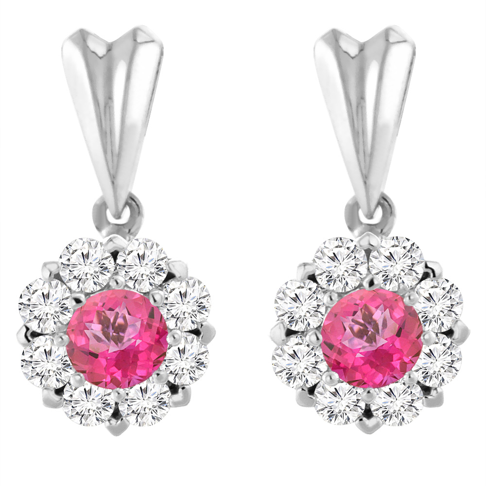 14K White Gold Natural Pink Topaz Earrings with Diamond Halo Round 4 mm
