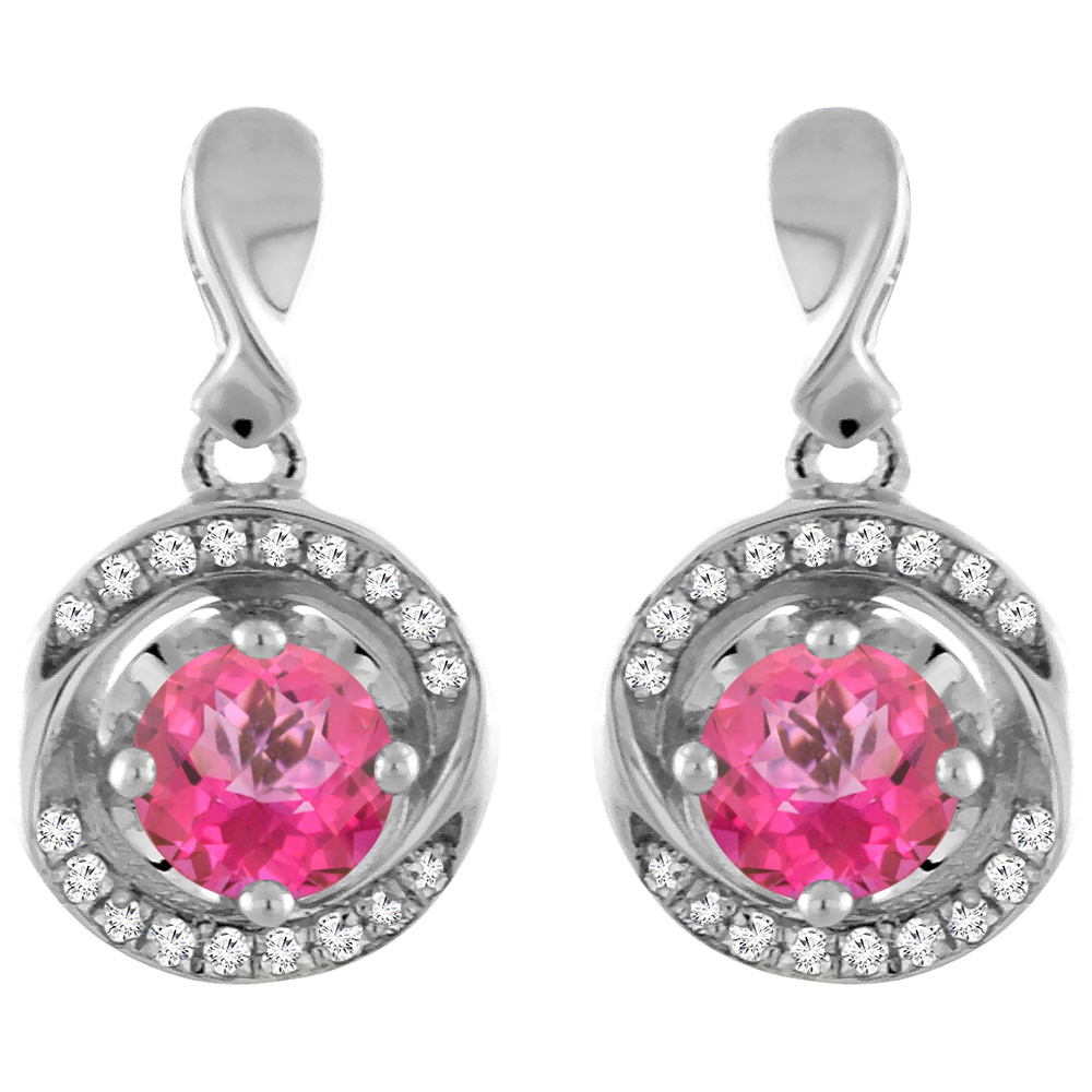 14K White Gold Natural Pink Topaz Earrings with Diamond Accents Round 4 mm