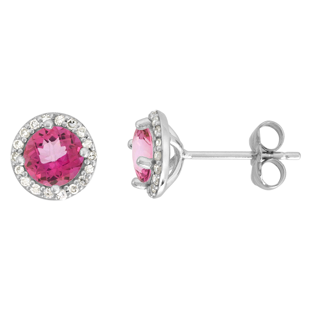 14k White Gold Diamond Halo Genuine Pink Topaz Stud Earrings Round 6mm