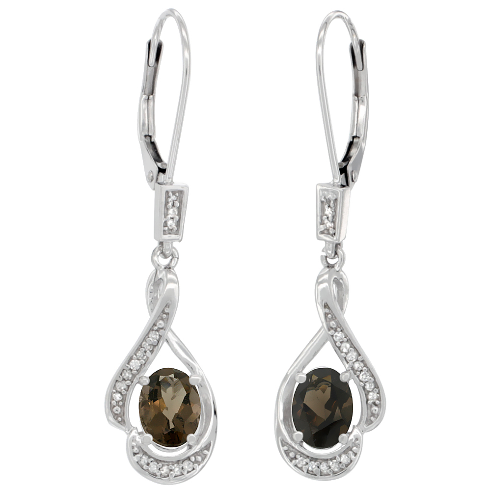 14K WHITE GOLD DIAMOND NATURAL SMOKY TOPAZ LEVERBACK EARRINGS OVAL 7X5 MM, 1 7/16 INCH LONG