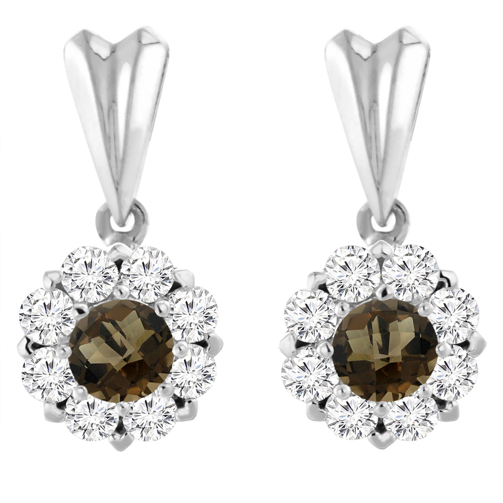 14K WHITE GOLD NATURAL SMOKY TOPAZ EARRINGS WITH DIAMOND HALO ROUND 4 MM