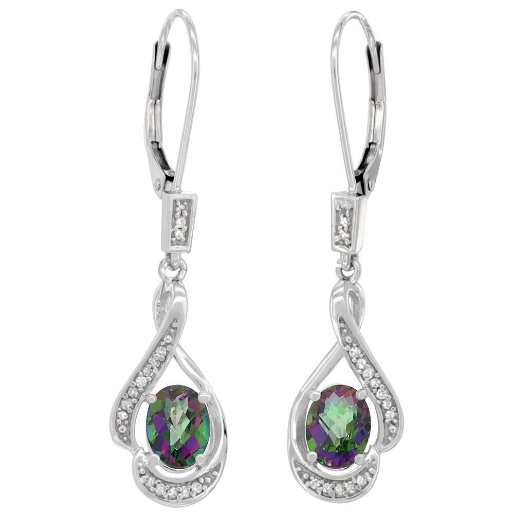 14K WHITE GOLD DIAMOND NATURAL MYSTIC TOPAZ LEVERBACK EARRINGS OVAL 7X5 MM, 1 7/16 INCH LONG