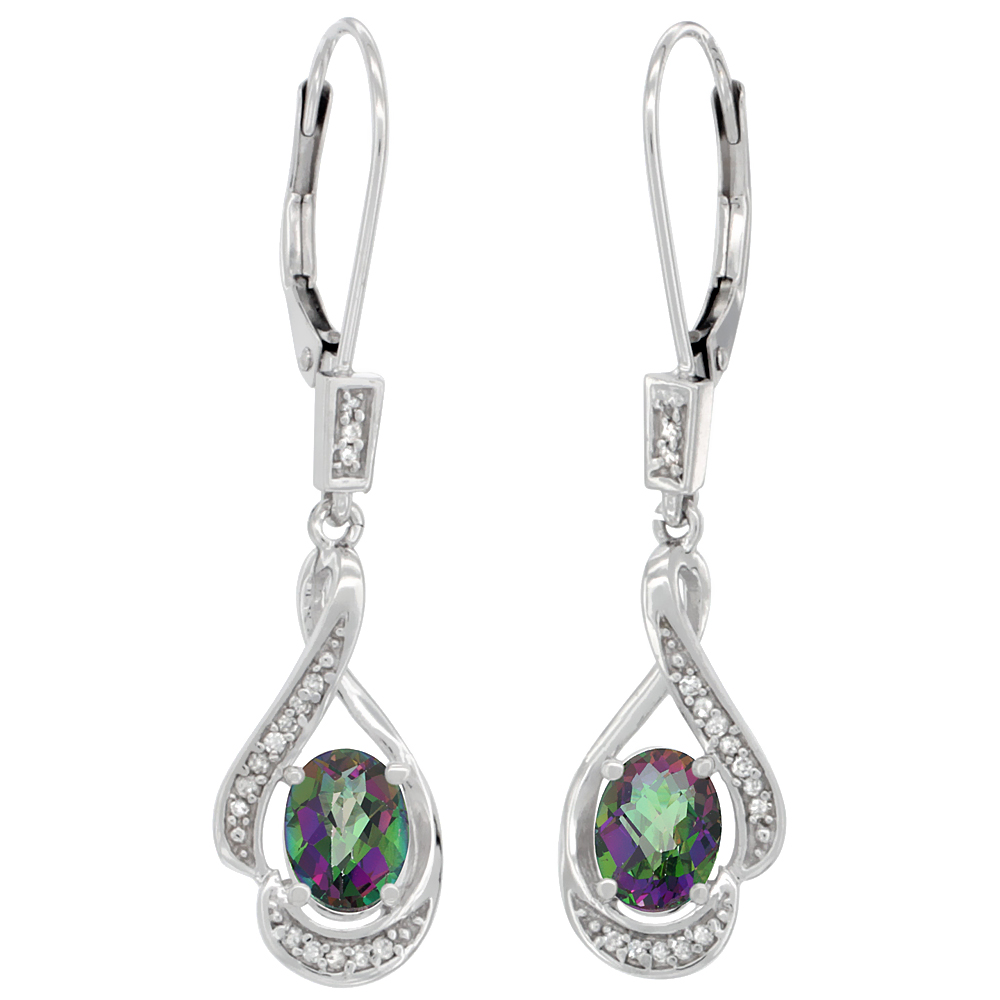 14K White Gold Diamond Natural Mystic Topaz Leverback Earrings Oval 7x5 mm, 1 7/16 inch long