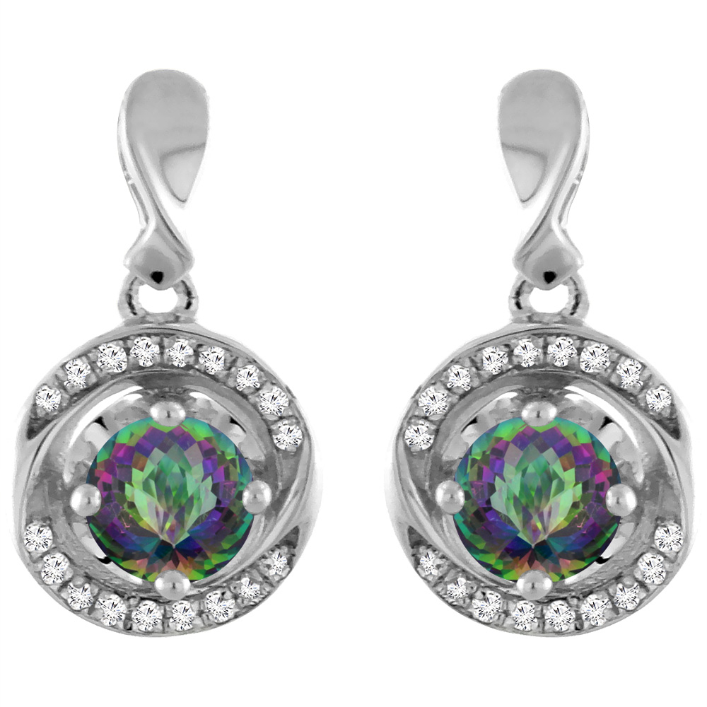 14K WHITE GOLD NATURAL MYSTIC TOPAZ EARRINGS WITH DIAMOND ACCENTS ROUND 4 MM