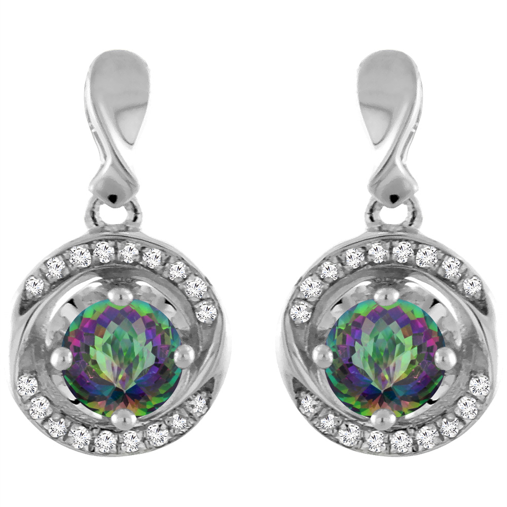 14K White Gold Natural Mystic Topaz Earrings with Diamond Accents Round 4 mm