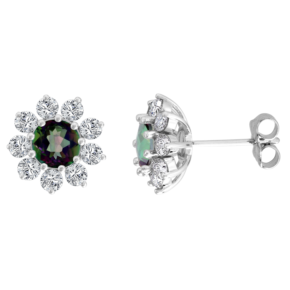 14K WHITE GOLD DIAMOND HALO GENUINE MYSTIC TOPAZ HALO STUD EARRINGS ROUND 6MM 7/16 INCH WIDE