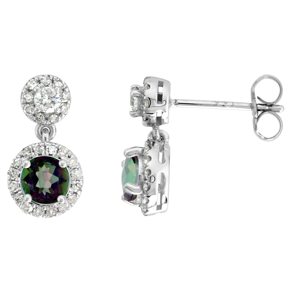 14K WHITE GOLD DIAMOND HALO GENUINE MYSTIC TOPAZ DROP EARRINGS ROUND BRILLIANT CUT 5MM 1/2 INCH LONG