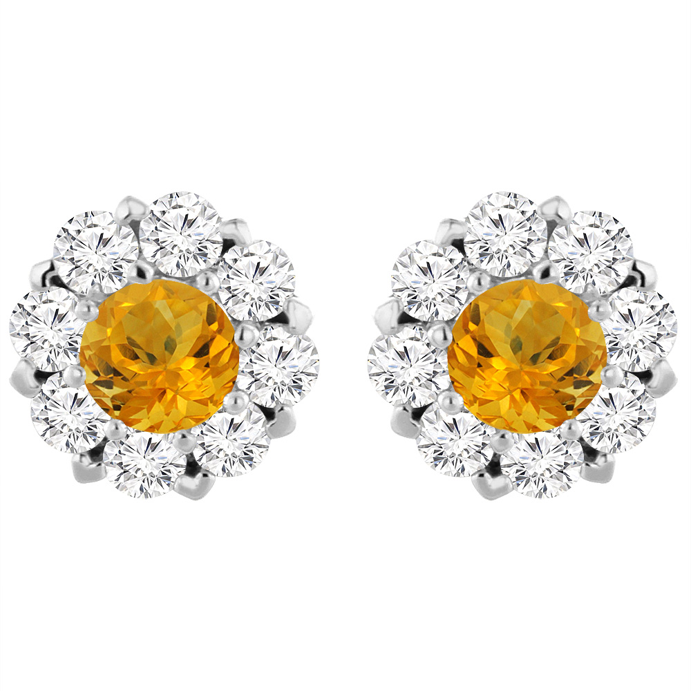 14K WHITE GOLD NATURAL CITRINE EARRINGS WITH DIAMOND HALO ROUND 6 MM